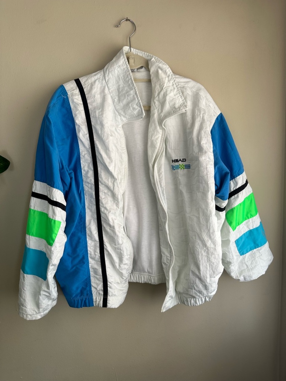 Vintage Head White Zipper Windbreaker with bright Blues & Neon Green Accents